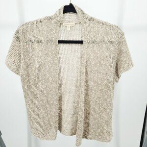 Eileen Fisher Linen-Blend Open Sweave Short Sleeve Open Cardigan M Tan/Cream